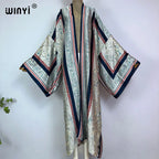 WINYI Kimono Africa Summer Boho Print Bikini Cover-up Elegant Fashion Cardigan Sexy Holiday Long Sleeve Silk Feeling Maxi Dress - Matrix Studios