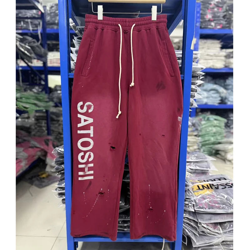 Quality Real Picture Sweatshirt Casual Pants Ink Splatter Waist Ripped Hole Drawstring Sports Satoshi Nakamoto Sweatpants - Matrix-studios.com