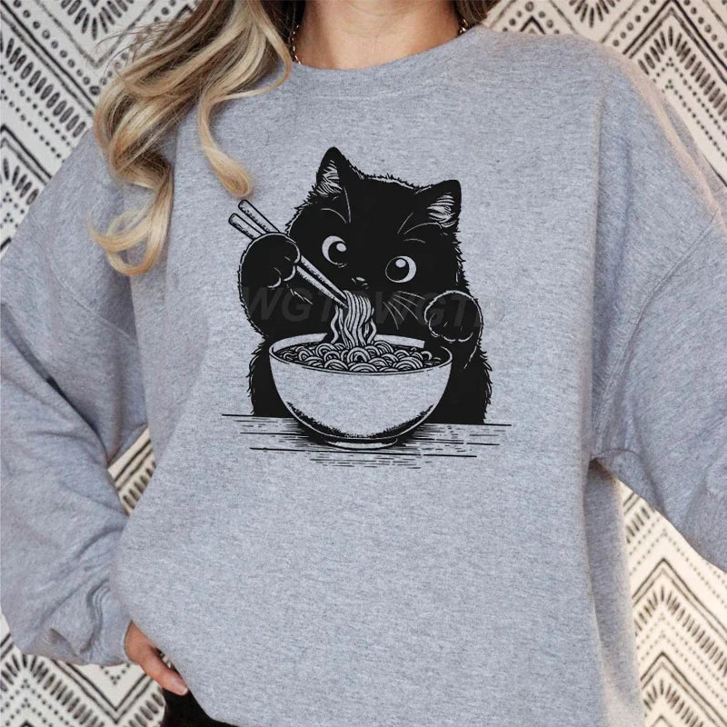 Cat Lover Kawaii Cartoon Sweatshirt Cat Eating Ramen Print Women Fashion Casual Hoodies Japanese Noodle Cats Retro Women Sweater - Matrix Studios