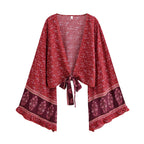 Bohemian Floral Print Rayon Kimono Holiday Tops Women Summer Ruffle Flare Sleeve Tie Front Crop Top Beach Boho Cover-ups - Matrix Studios
