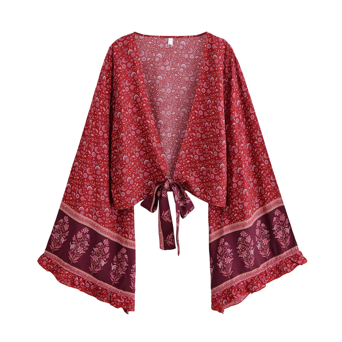 Bohemian Floral Print Rayon Kimono Holiday Tops Women Summer Ruffle Flare Sleeve Tie Front Crop Top Beach Boho Cover-ups - Matrix Studios