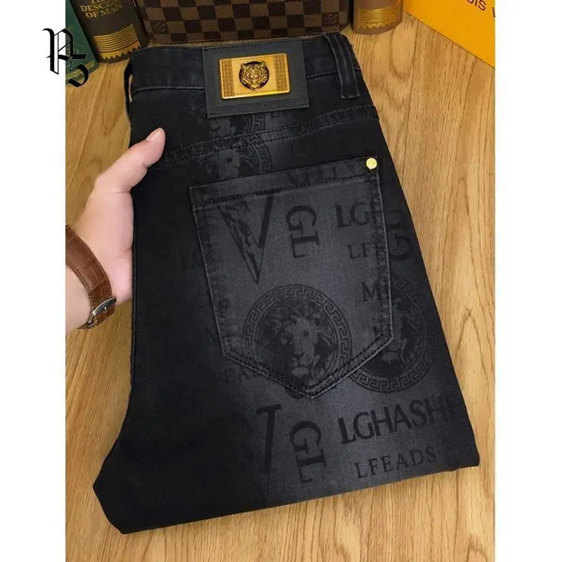 Spring and Autumn Korean Slim Jeans for Men 2025 High-end Luxury Clothing Black Printing Mid-waist Stretch Casual Pencil Pants - Matrix Studios
