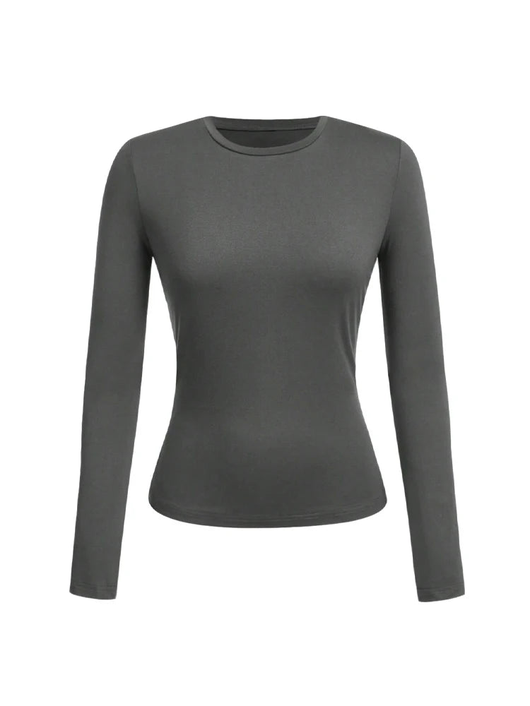 Women's solid-color long-sleeved T-shirt - Polyester knitted fabric, round neck, regular fit, fall-winter style - Matrix-studios.com