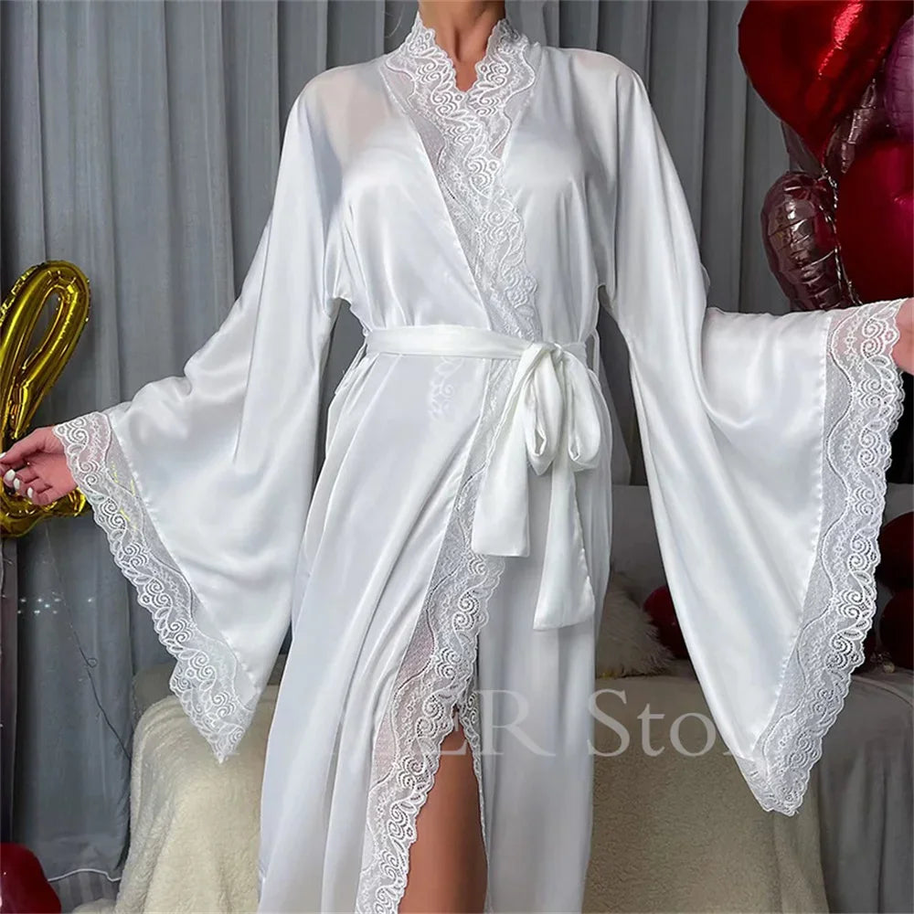 Ultra Long Birde Wedding Robe Dress White Kimono Lady Loose Sleepwear Sexy Big Lace Sleeve Bathrobe Nightwear Rayon Peignoirs - Matrix-studios.com