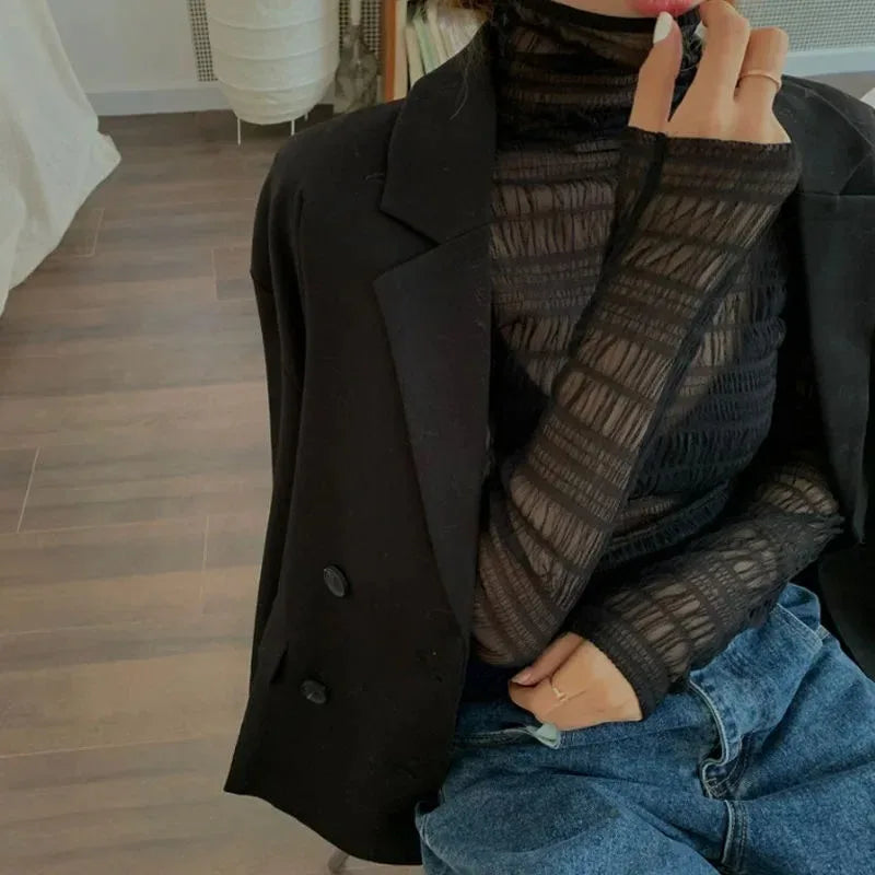 New Women Floral Lace Shirt Spring Autumn Long Sleeve Sexy Mesh Bottoming Shirts Mock Neck Blouse T-Shirt Pullover Top - Matrix-studios.com