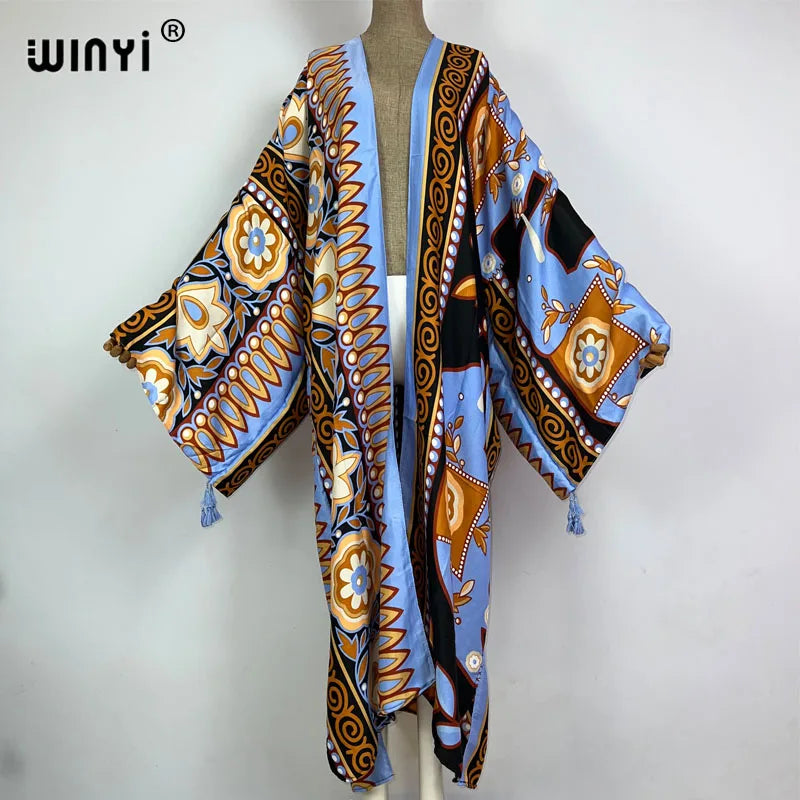 2026 WINYI New Cotton Feeling Bikini Cover-ups Bohemian Print Front Open Long Kimono Kaftan Beach Cover Ups for Swimwear Dresses - Matrix Studios