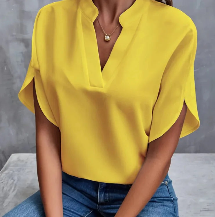 Women Elegant Solid V Neck Blouse Casual Short Sleeve Loose Shirt Summer Solid Tops Harajuku Office Ladt Chiffon Blouse 2026 New - Matrix-studios.com