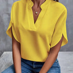 Women Elegant Solid V Neck Blouse Casual Short Sleeve Loose Shirt Summer Solid Tops Harajuku Office Ladt Chiffon Blouse 2026 New - Matrix-studios.com