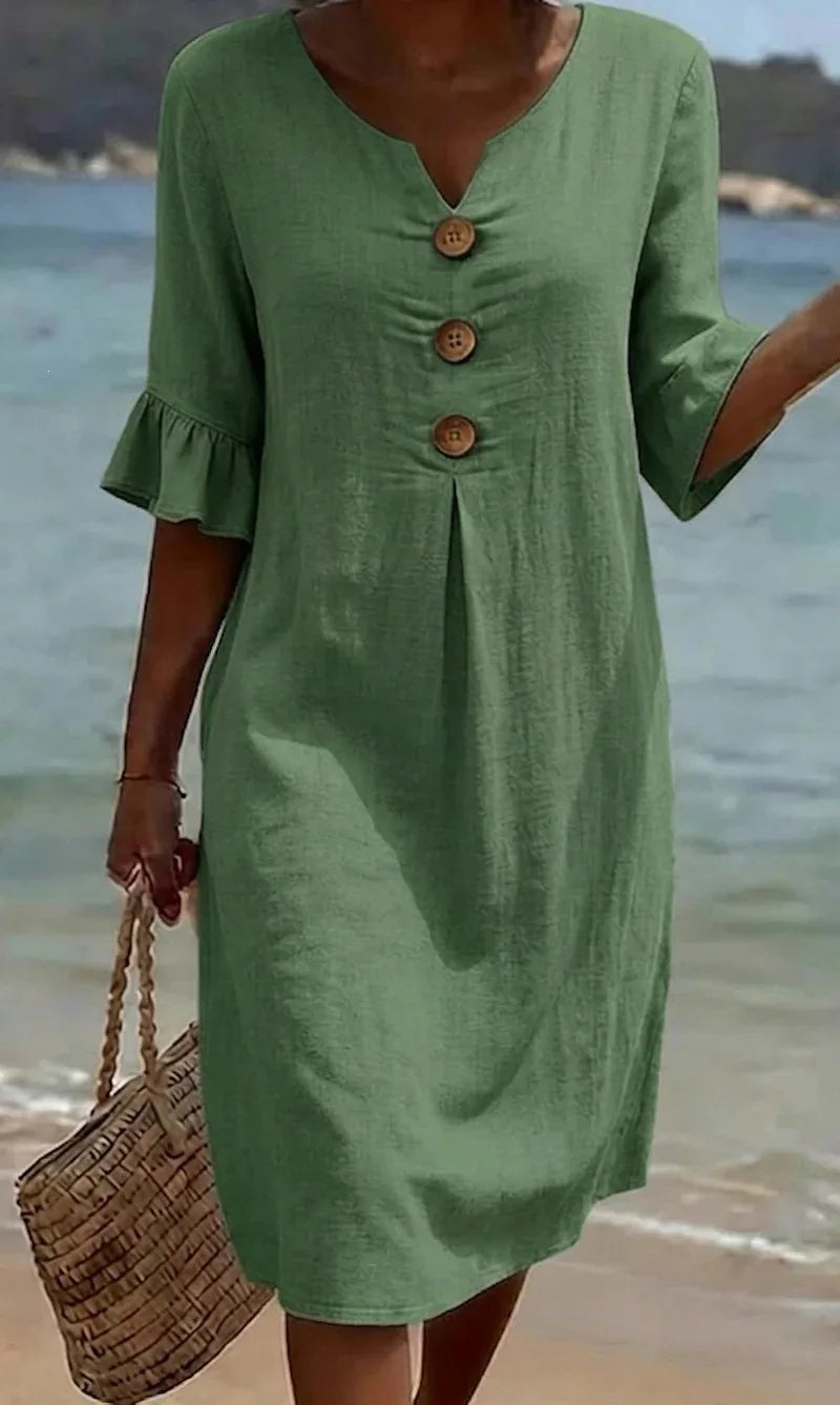 2026 Amazon European and American Cross-Border Spring and Summer New Cotton and Linen V-Neck Dress with Large Buttons and Ruffle - Matrix-studios.com
