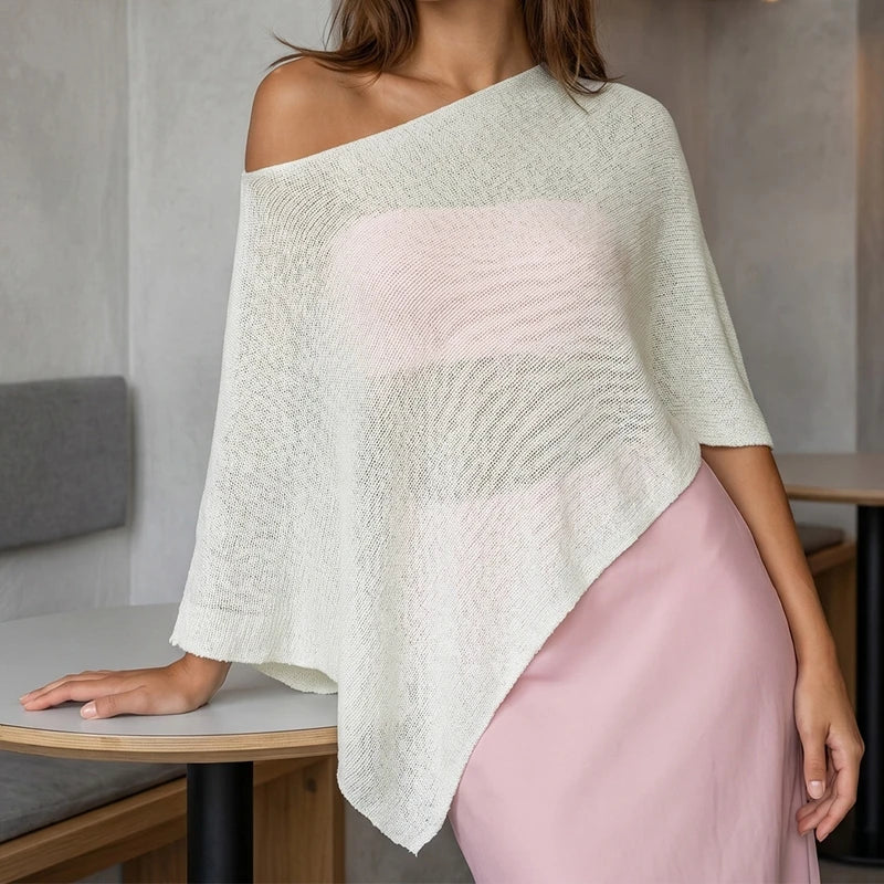 Women Boho Sheer Knitted Poncho Crop Top Irregular Asymmetric Batwing Sleeve Beach Cover Up Off Shoulder Summer Shawl T-shirt - Matrix Studios