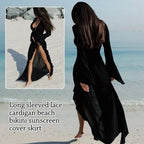 V Neck Summer Beach Cover Up Long Sleeve Ruffled Bikini Sunscreen Smock Vacation Casual Swimsuit Cover Up Dress for Women - Matrix Studios