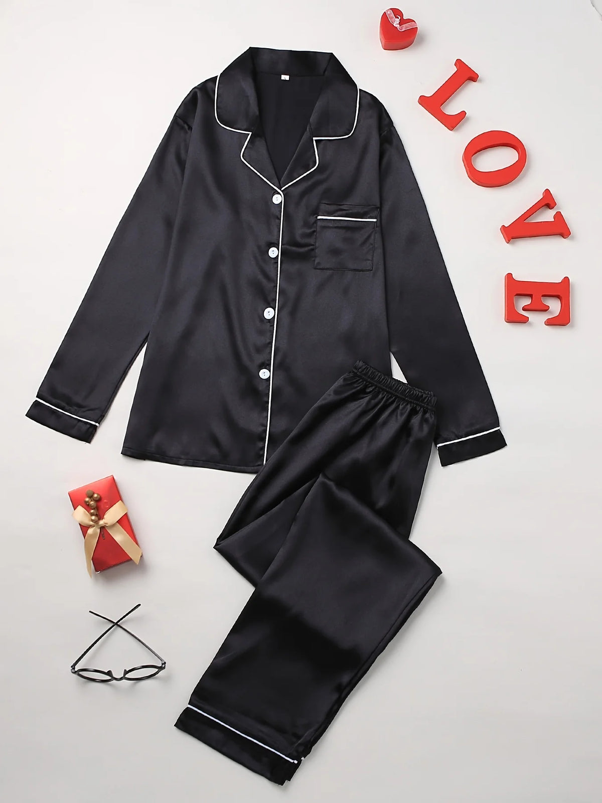 Solid Pajama Set Long Sleeve Button Up Lapel Top & Pants Pj Set Women's Sleepwear & Loungewear - Matrix-studios.com