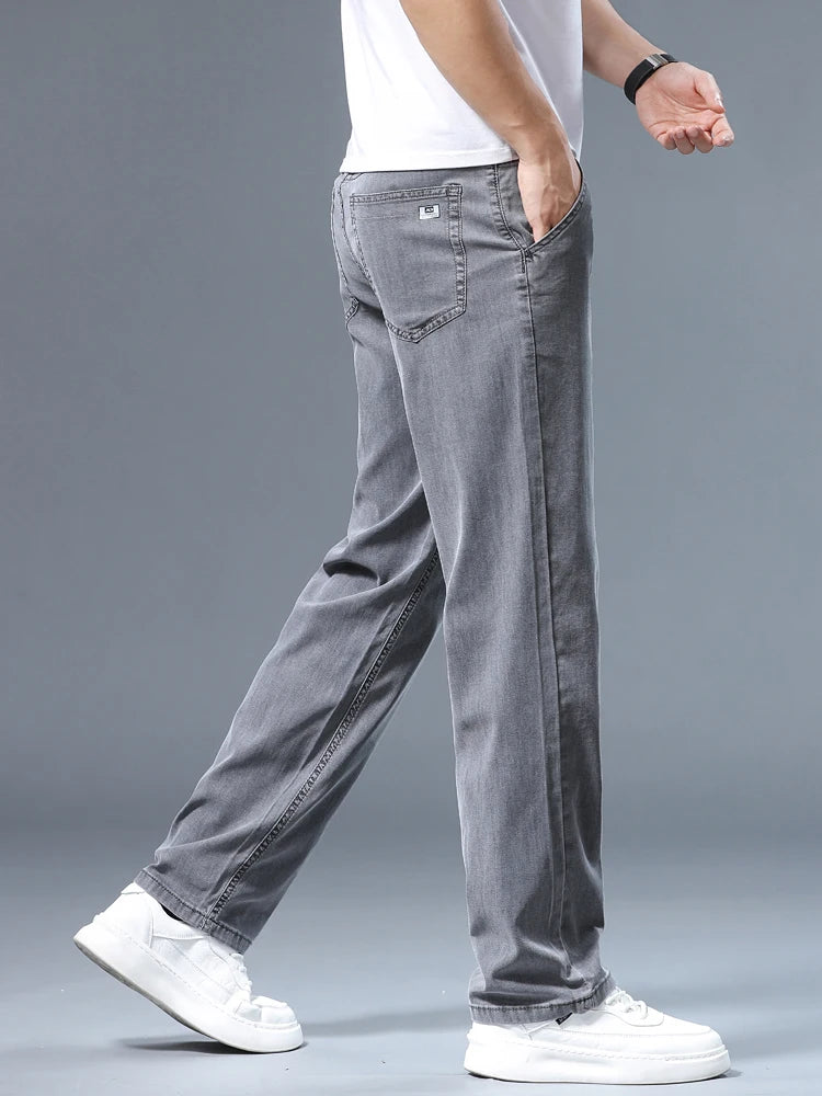 Summer Thin Men's Loose Straight Jeans Lyocell Soft Drape Business Casual Trousers Classic Smoke Gray Brand Ice Silk Pants - Matrix Studios