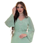 Polyester Muslim Abaya for Women Summer Elegant Orange Blue Pink Green Muslim Women Long Sleeve V-neck Polyester Long Abaya - Matrix-studios.com