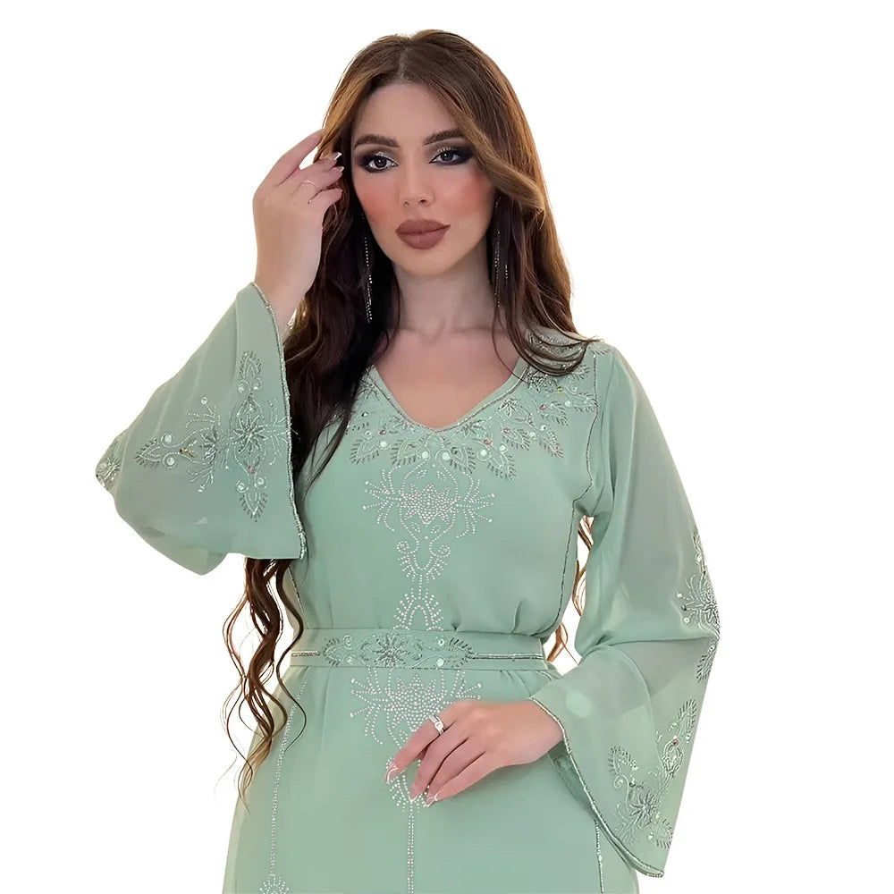 Polyester Muslim Abaya for Women Summer Elegant Orange Blue Pink Green Muslim Women Long Sleeve V-neck Polyester Long Abaya - Matrix-studios.com