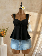 Women Sweetheart Neck Drawstring Ruched Peplum Cami Top Polka Dot Print Sleeveless Casual Camisole Outfit - Matrix-studios.com