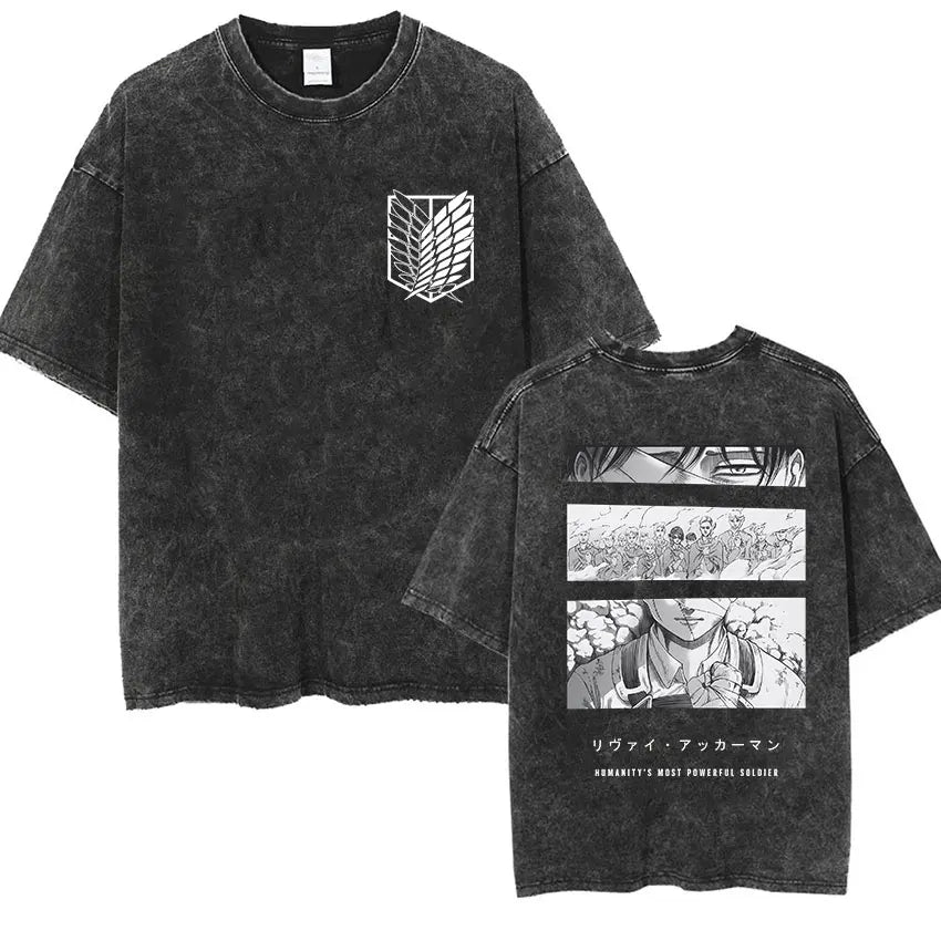 Anime Attack on Titan Vintage Washed Print T-shirt Mikasa Ackerman Eren Jaeger Wings of Freedom Logo Mens Summer Cotton T-shirts - Matrix Studios