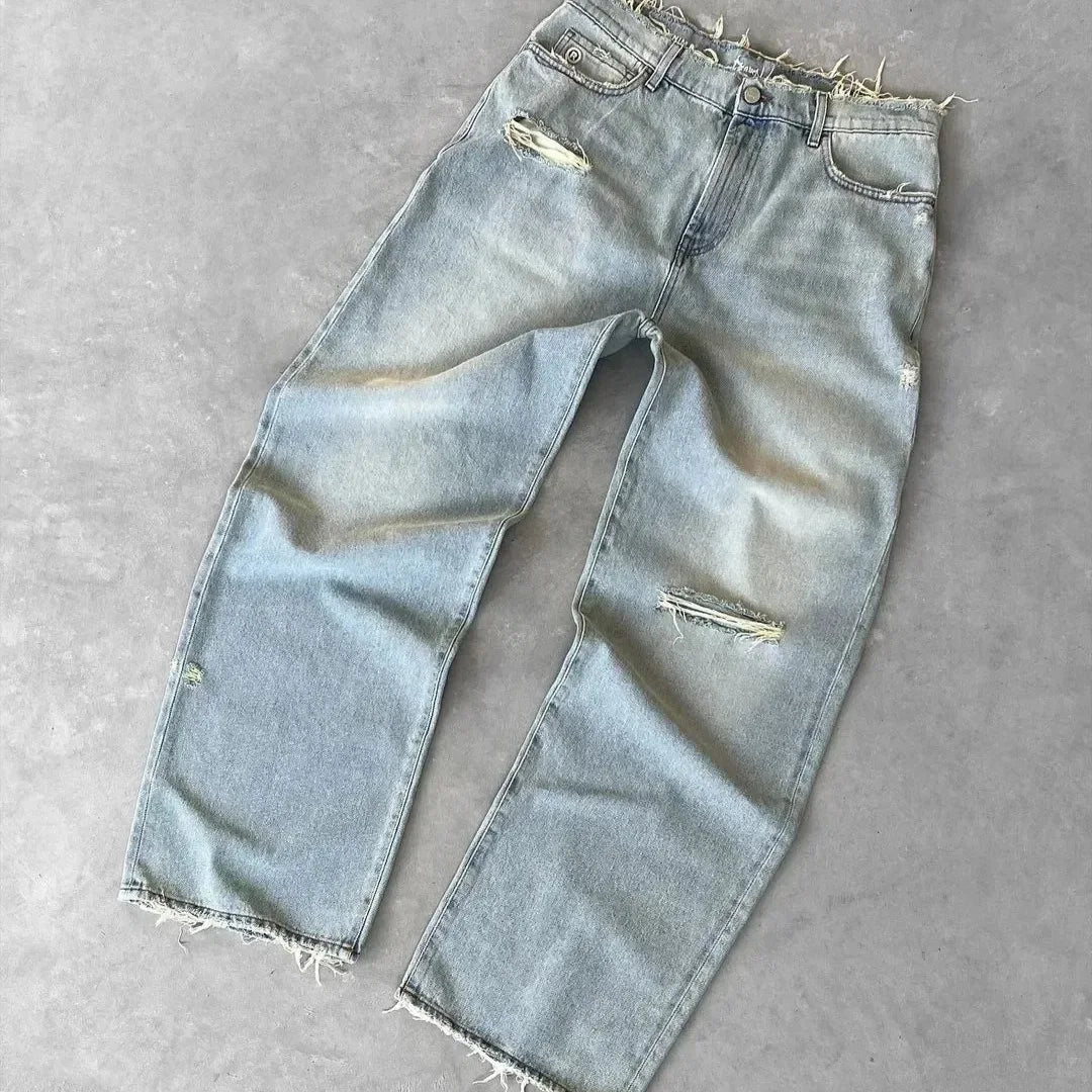 Straight Jeans Distressed Men Jean Ripped Holes Washed Denim Pants Ankle Length Loose Solid Zipper Fly Pockets Casual 2025 - Matrix Studios