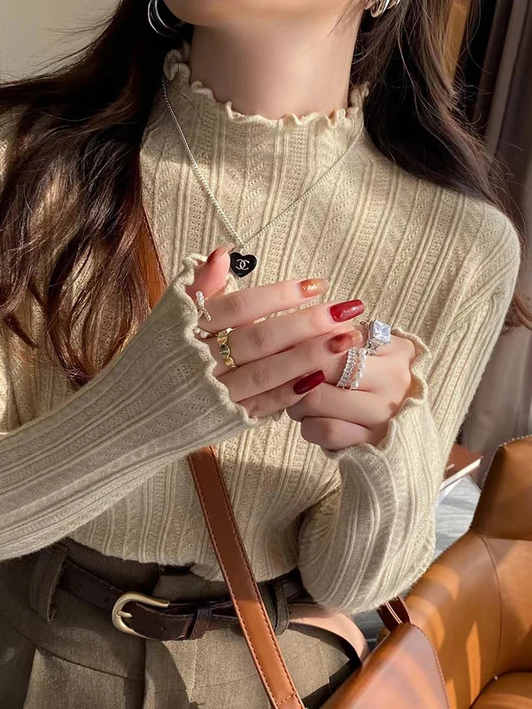 New Women's Autumn and Winter Solid Color Ruffled Semi-turtleneck Long-sleeved Knitted Sweater Casual Women's Knitted Pullovers - Matrix Studios