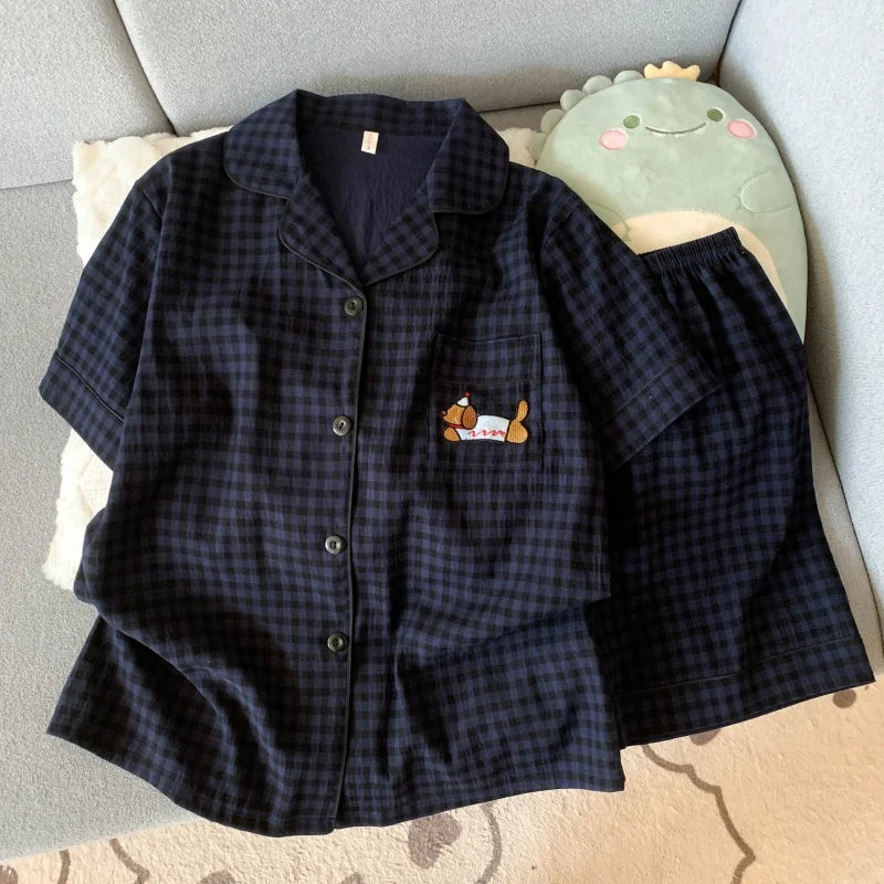 Embroidery Dog Sweet Fashion Cute Pajamas Set for Women Plaid Lapel Neck Elastic Waist Design Pajamas Short New Casual Nightwear - Matrix-studios.com