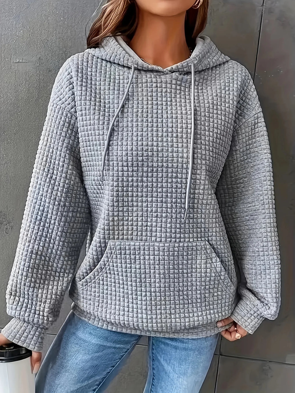 Women Short Length Waffle Knit Hoodie Solid Black Drawstring Pullover Sweatshirt Front Kangaroo Pocket Long Sleeve Casual Tops - Matrix Studios