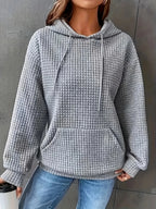 Women Short Length Waffle Knit Hoodie Solid Black Drawstring Pullover Sweatshirt Front Kangaroo Pocket Long Sleeve Casual Tops - Matrix Studios