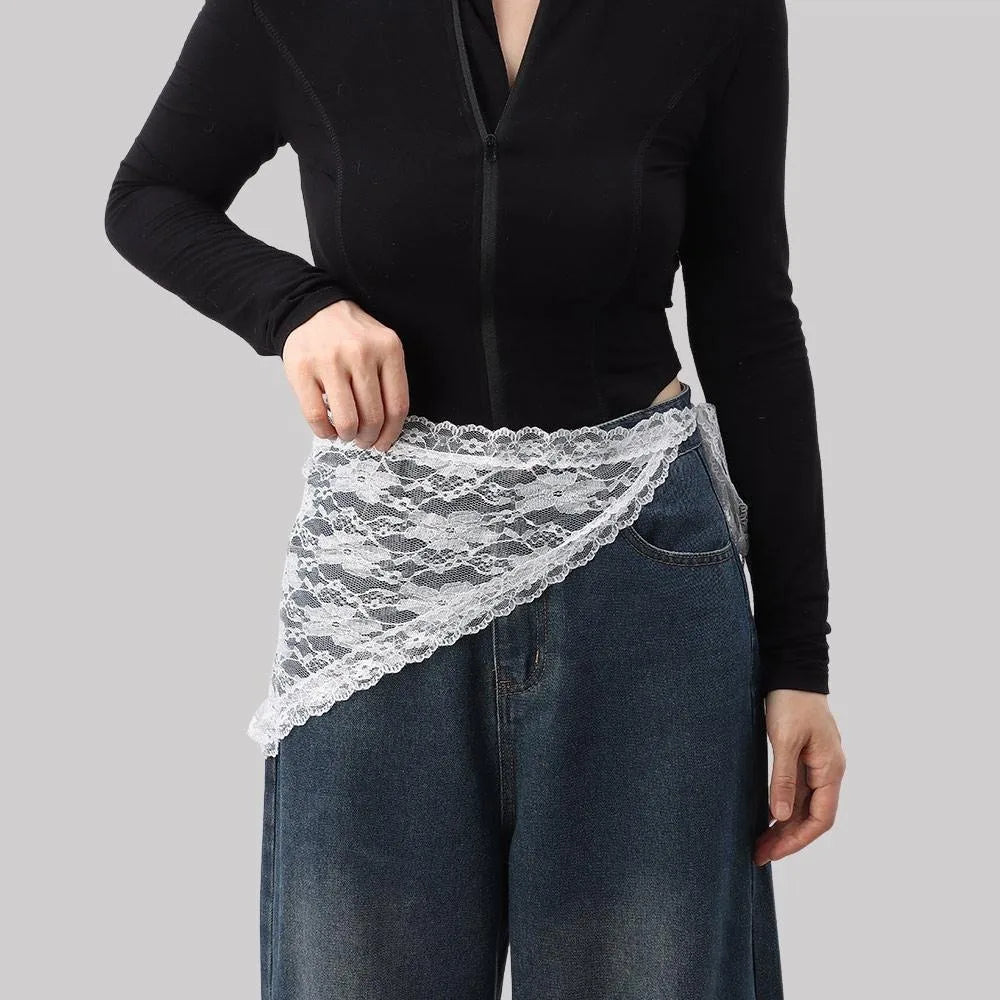 Jeans Pants Decor Embroidered Flower Lace Mini Skirt Irregular See Through Ruched Skirts High Waist Harajuku Pleated Skirts - Matrix-studios.com