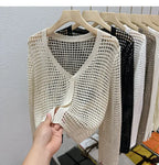 Single Button Crochet Mesh Cardigan for Women Semi Sheer Openwork Sunscreen Jacket Cover Up Summer Hollow-out Knitted Cardigan - Matrix Studios