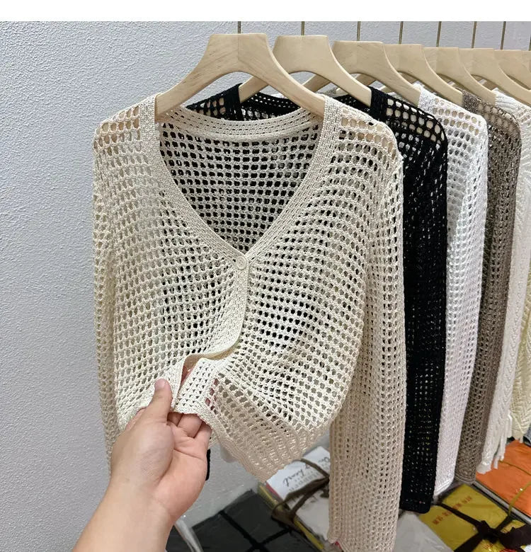 Single Button Crochet Mesh Cardigan for Women Semi Sheer Openwork Sunscreen Jacket Cover Up Summer Hollow-out Knitted Cardigan - Matrix Studios