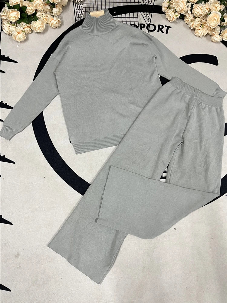 Autumn Winter 2 Pieces Women Sets Knitted Tracksuit Turtleneck Sweater and Straight Jogging Pants Suits - Matrix-studios.com