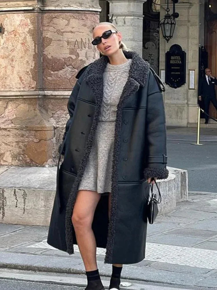 Women's Black Fur Patchwork Leather Overcoat Fashion Laple Long Sleeve With Belt Loose Coat 2025 New Winter Office Commute Wear - Matrix Studios