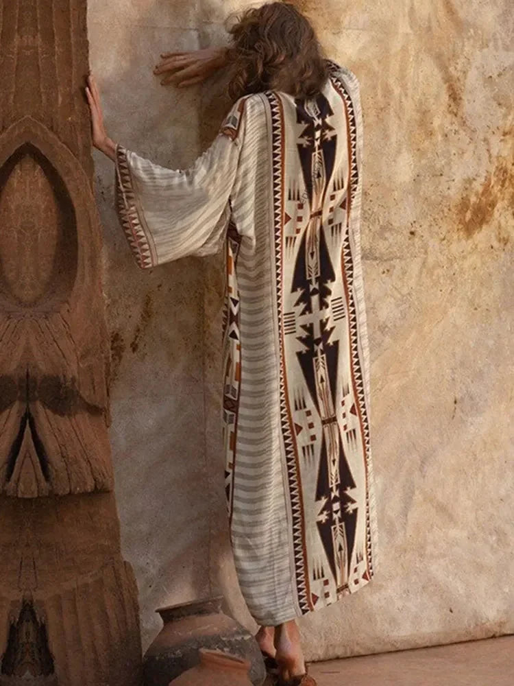 Bohemian Printed Bikini Cover-ups Elegant Self Belted Kimono Dress Tunic Women Plus Size Beach Wear Swim Suit Cover Up Q1228 - Matrix Studios