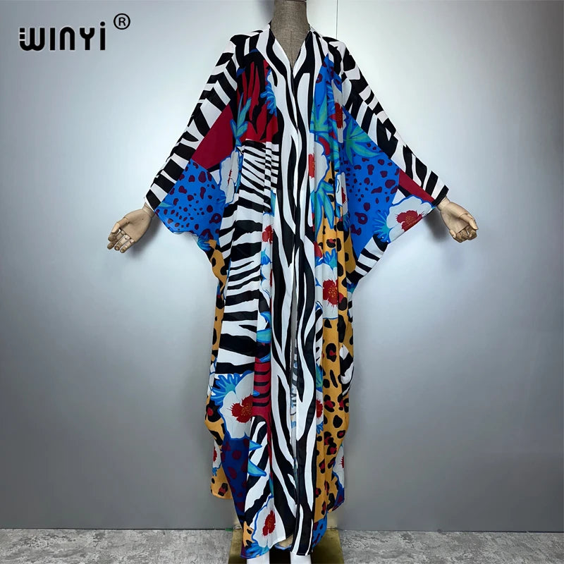 WINYI Africa Leopard Print Kimonos Loose Dresses for Woman Cardigans Beach Outfits Kaftan Beach Cover Up Evening Dress Maxi Coat - Matrix Studios