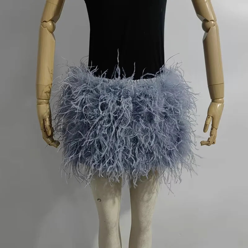Real feather mini skirt, elastic waist sexy clothing, club, party dance party carnival short skirt can be customized in size - Matrix Studios