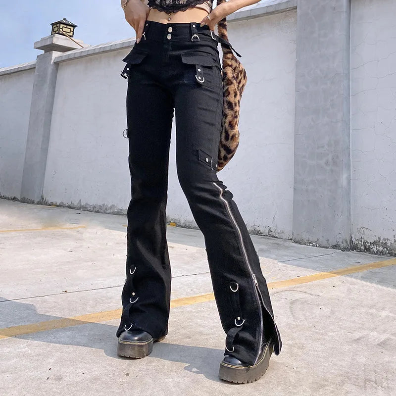 Dark Punk Y2k Grunge Low Waist Emo Jeans Mall Gothic Women Black Patchwork Electro Pants Fashion Streetwear Alt Clothes - Matrix-studios.com