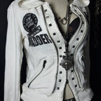 Retro Dark Style Zipper Hoodie Y2K Clothes Mens Womens Hip Hop Skull Patch Embroidery White Oversized Sweatshirt Casual Jacket