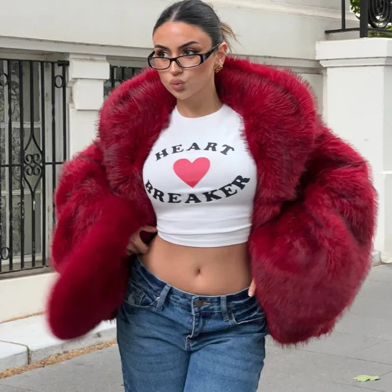 Tuularose Women Fur Coat Women 2025 Plush Red Bomber Jacket Solid Crop Long Sleeve Jacket Warm Winter Coats Female Casual Coats - Matrix Studios