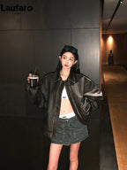 Lautaro Spring Autumn Cool Handsome Retro Oversized Distressed Brown Soft Faux Leather Jackets for Women Zipper Runway Fashion - Matrix Studios