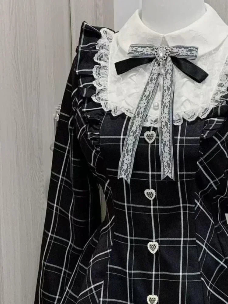Japanese Fairy Sweet Lace Patchwork Plaid Dress Women Kawaii Grunge Ruffled Long Sleeve Dresses Y2k Aesthetic JK Lolita Vestidos - Matrix-studios.com