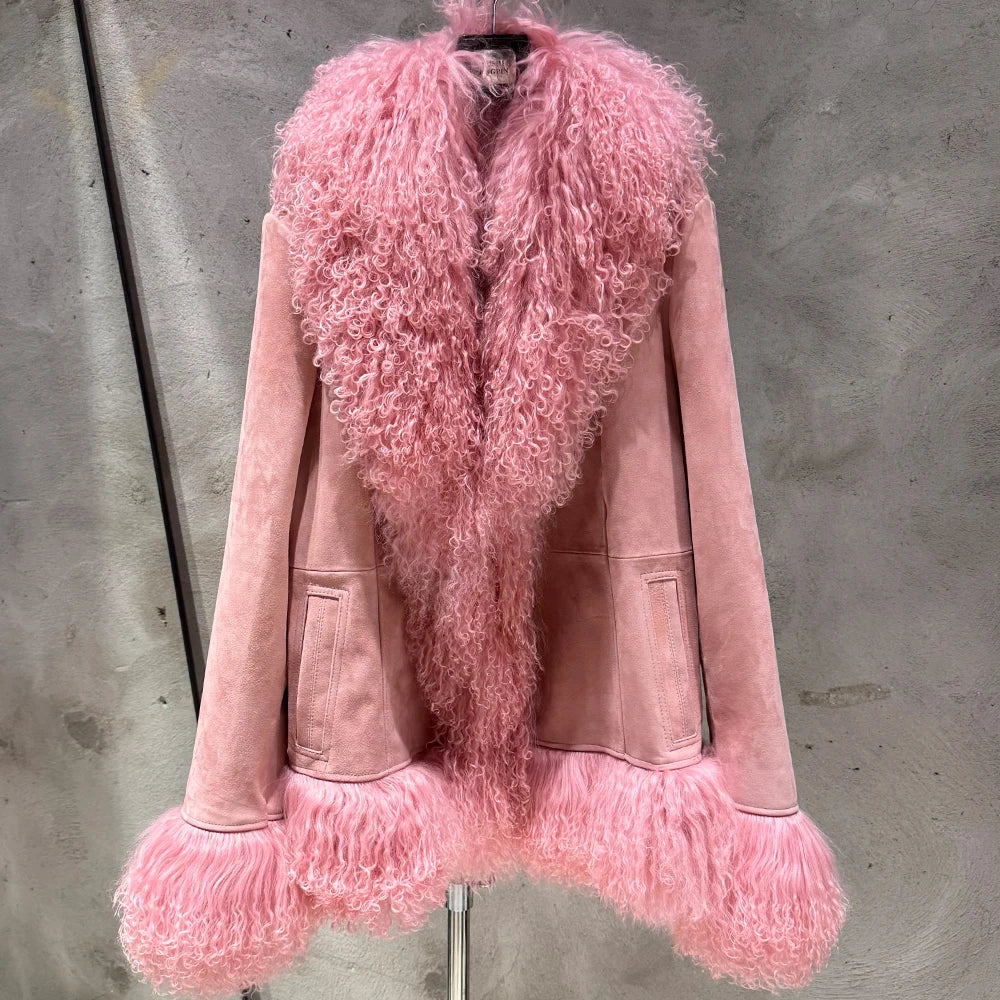 Sheep Fur Leather Coats Women Winter Luxury Mongolian Fur Leather Jackets with Long Sleeve with Natural Mongolian Fur 7251 - Matrix Studios