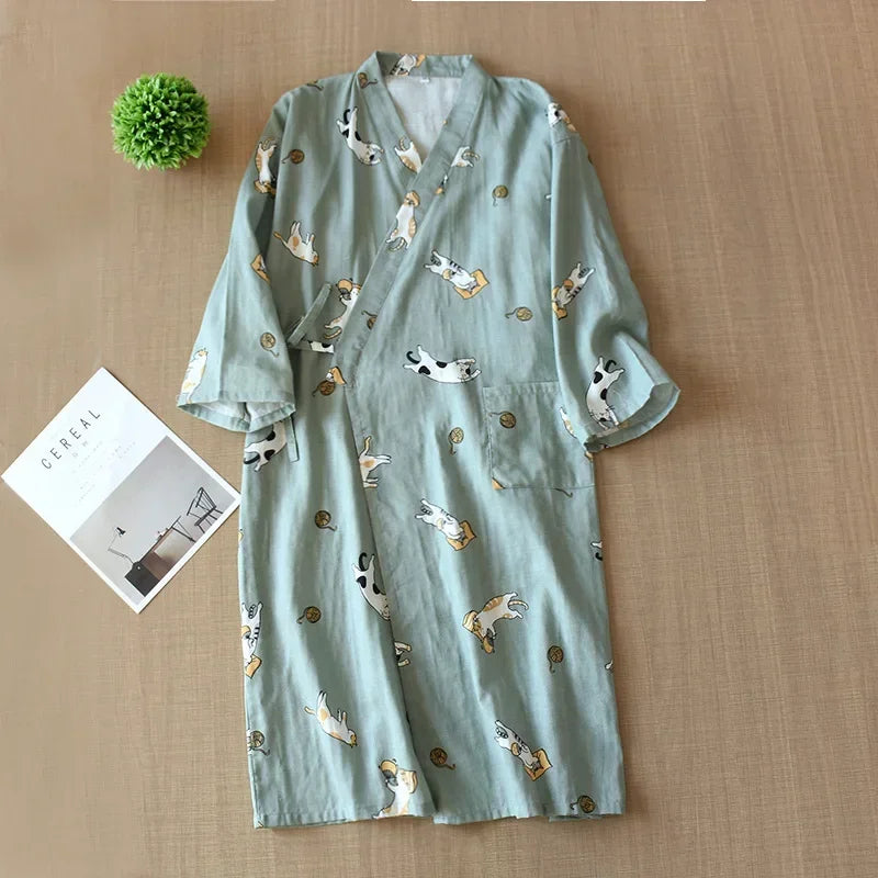 Japanese-style Kimono Pajamas Summer New 100% Cotton Gauze Pajamas Nightgown Ladies SPA Yukata Homewear Long Pajamas Women - Matrix-studios.com