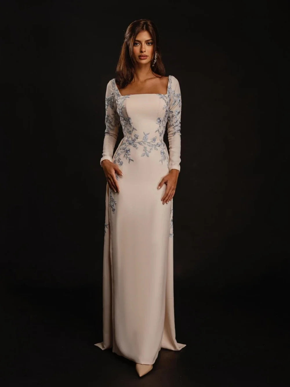 Customized Prom Dresses Exquisite Square Sheath Evening Embroidery Flower Vertically Satin Formal Occasion Gown فساتين - Matrix Studios