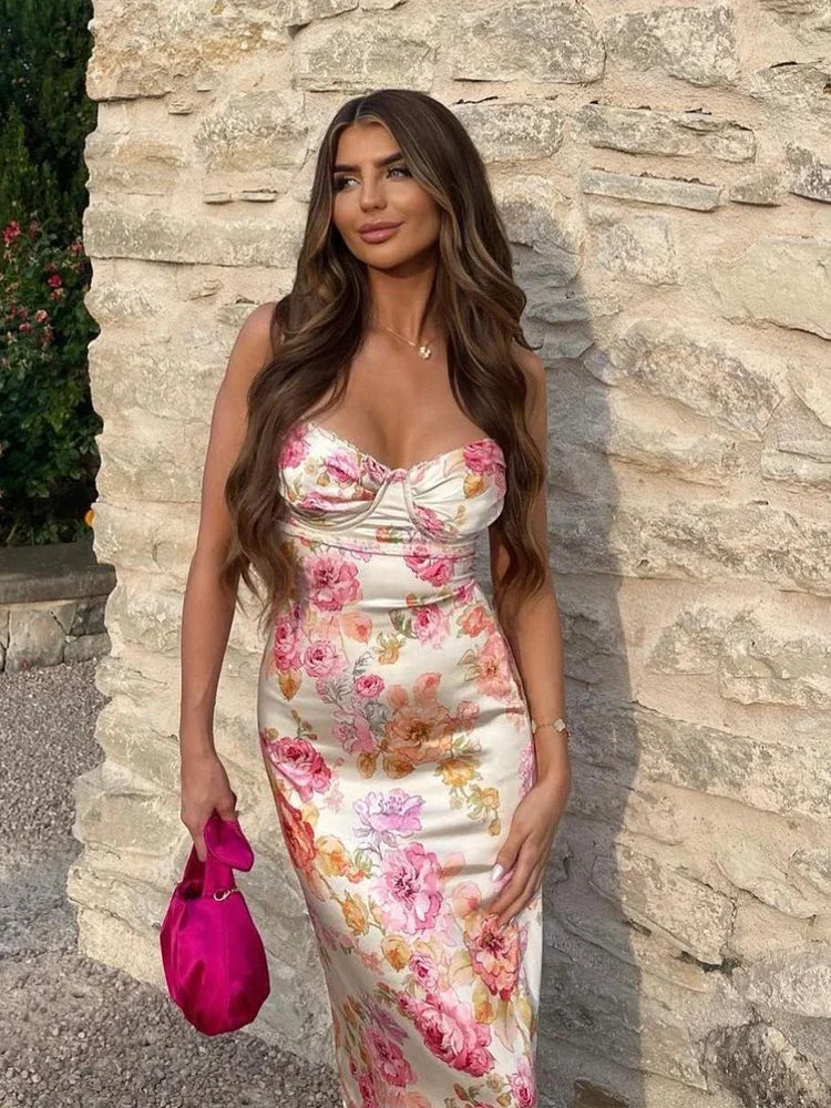 Suninheart Summer Spaghetti Strap Floral Print Party Dresses Elegant Maxi Bodycon Wedding Guest Holiday Dress New In Dress 2023 - Matrix-studios.com