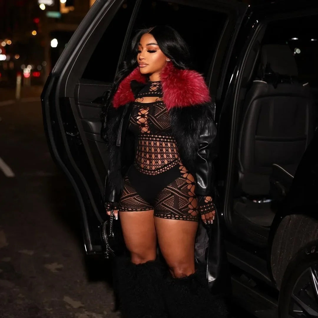 Women's Sexy Long Sleeve Jumpsuit See Through Outfit Sheer Mesh Hollow Out Night Club Short Romper - Matrix Studios