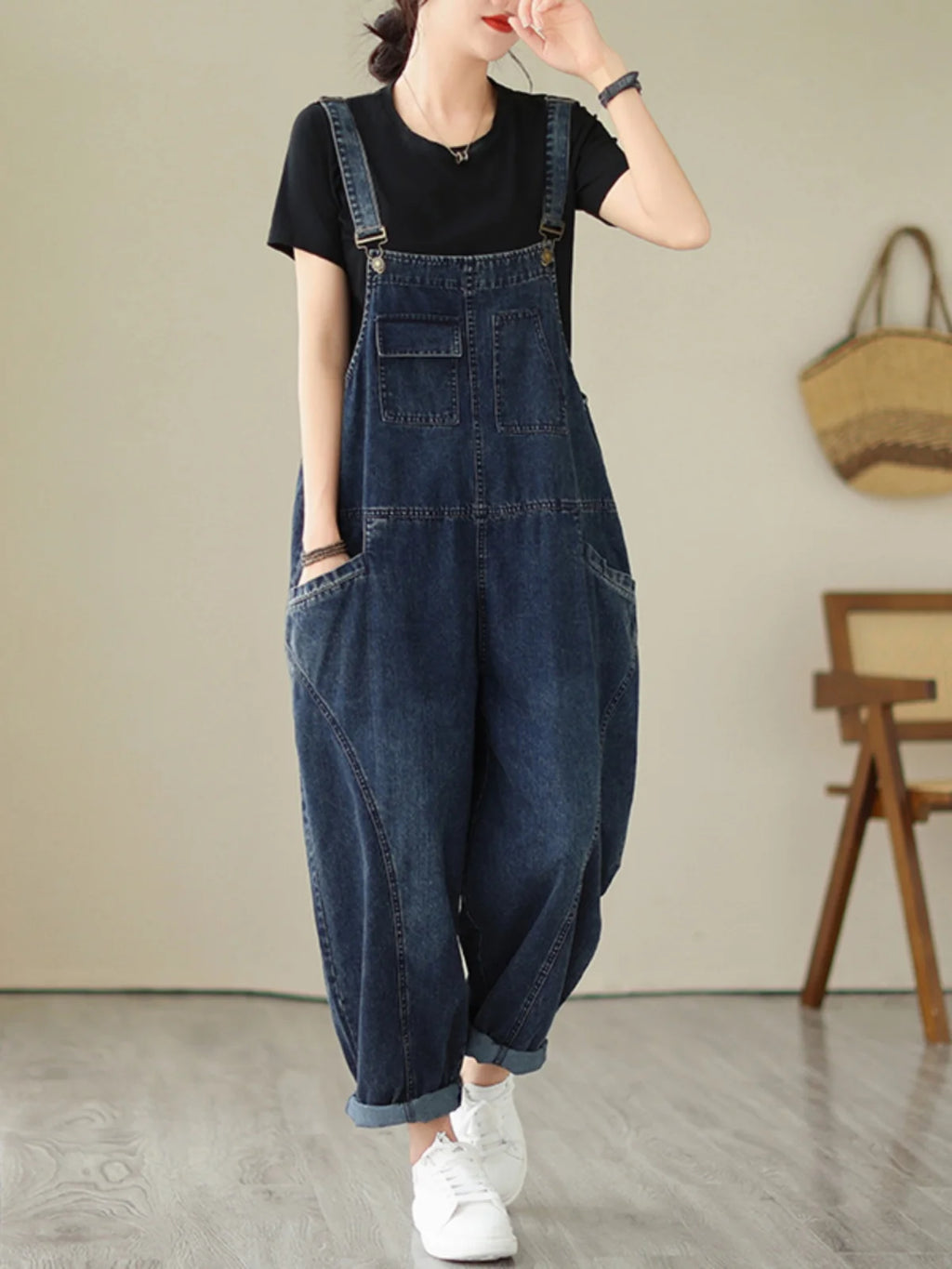 Fall Women's Loose Jeans Overalls Deep Blue High Waist Design Sensation plus Size Faion plus Size Women's Loose Slimming - Matrix-studios.com