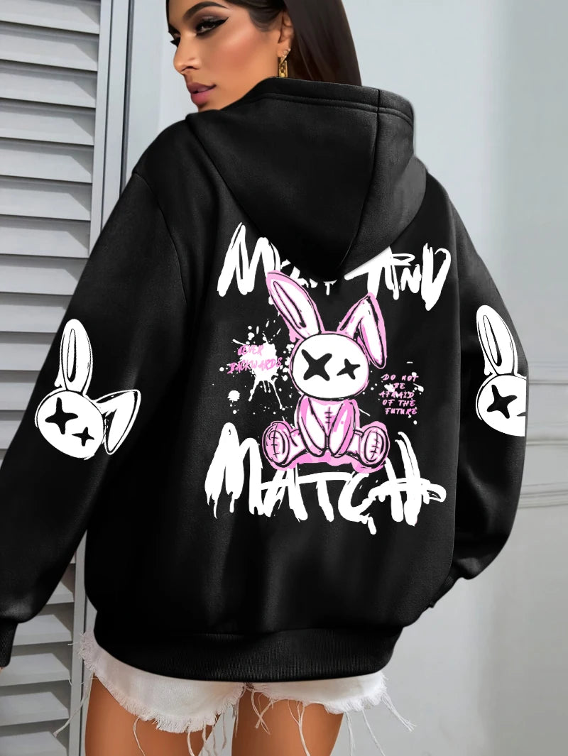 Mix And Match Cartoon Rabbit Prints Women Hoodie Pocket Streetwear Harajuku Loose Hoody All-Match Fleece Female Clothing - Matrix Studios