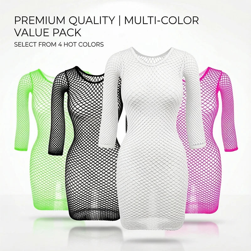 1PC Women Sexy Fishnet Beach Cover Up Long Sleeves Hollow Out Bodycon Dress See Through Summer Swimwear - Matrix Studios