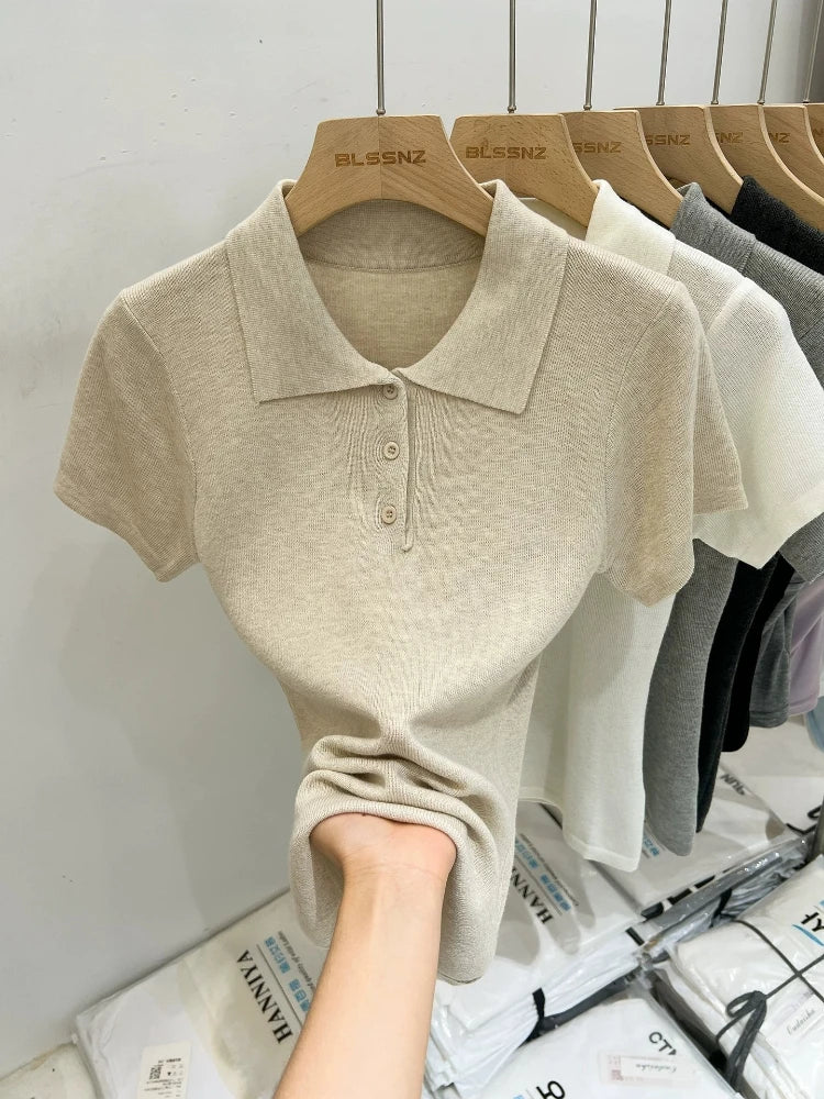AOSSVIAO 2026 Summer Women Polo Collar Knit Short Sleeve T-shirt Fashion Versatile Simple Casual Slim Fit Button Tee Tops - Matrix-studios.com