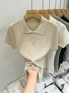 AOSSVIAO 2026 Summer Women Polo Collar Knit Short Sleeve T-shirt Fashion Versatile Simple Casual Slim Fit Button Tee Tops - Matrix-studios.com