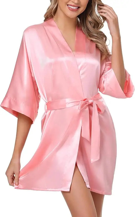 Nightgown Soft Bathrobe Short Women's Lounge Bride Bridesmaid Morning Gown Solid Color Wedding Party Silky Robes Summer - Matrix-studios.com